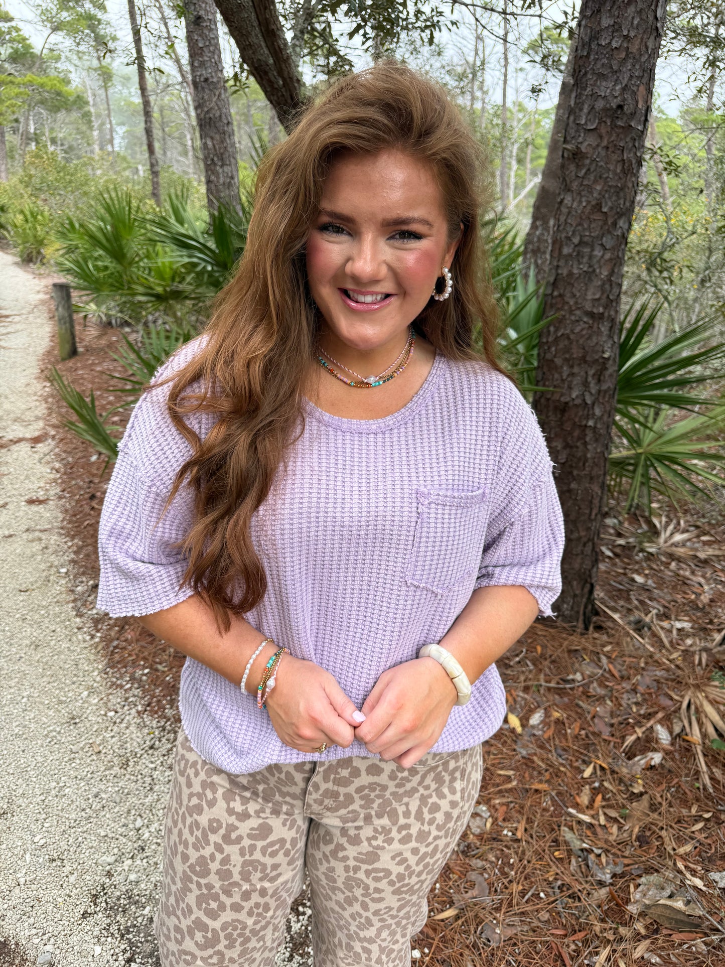 Lilac Mineral Washed Waffle Knit Short Sleeve Top