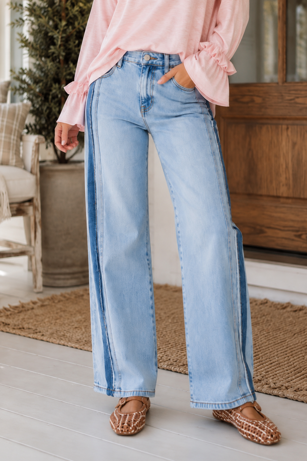 Beau Blue Contrast Stripe Frayed Side Panel Patchwork Shift Jeans - PREORDER