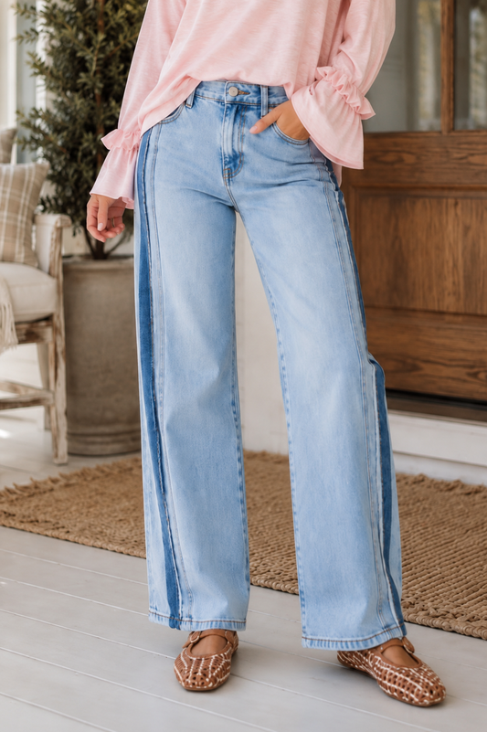 Beau Blue Contrast Stripe Frayed Side Panel Patchwork Shift Jeans - PREORDER
