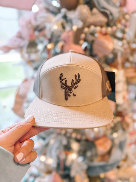 7 Panel Trucker Khaki / Coffee 3D Puff Buck Logo Hat