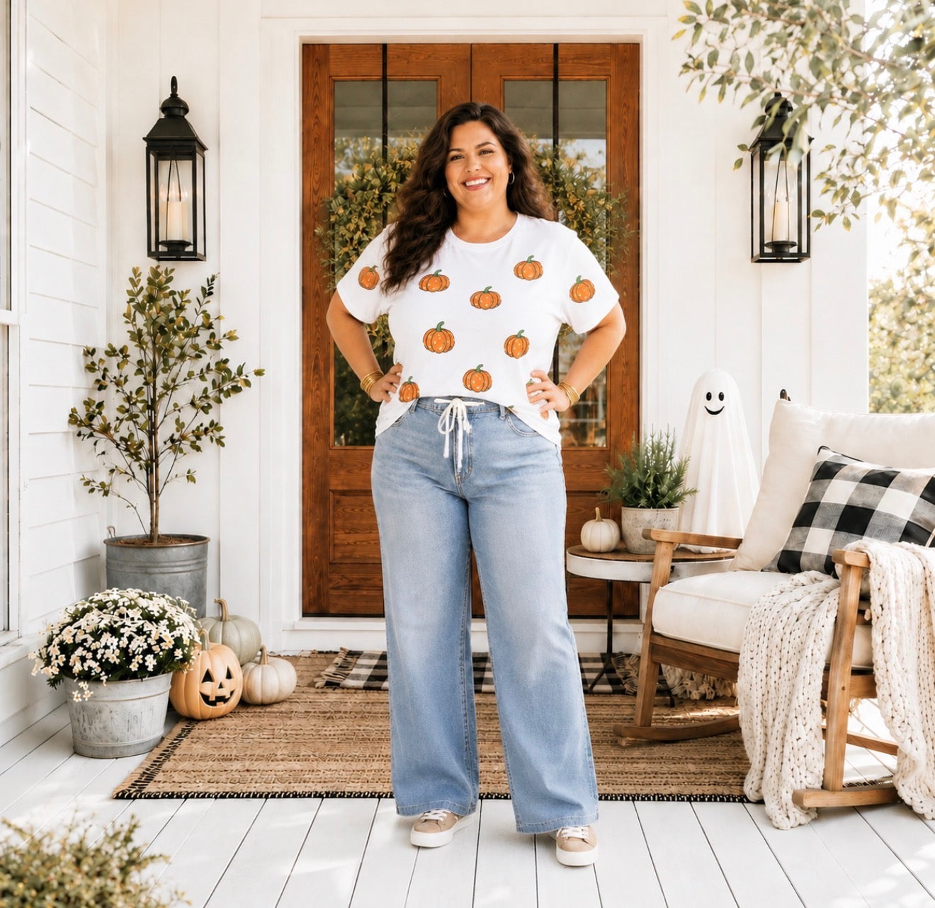 White Sequined Star Pumpkin Graphic Casual Round Neck T Shirt - PREORDER