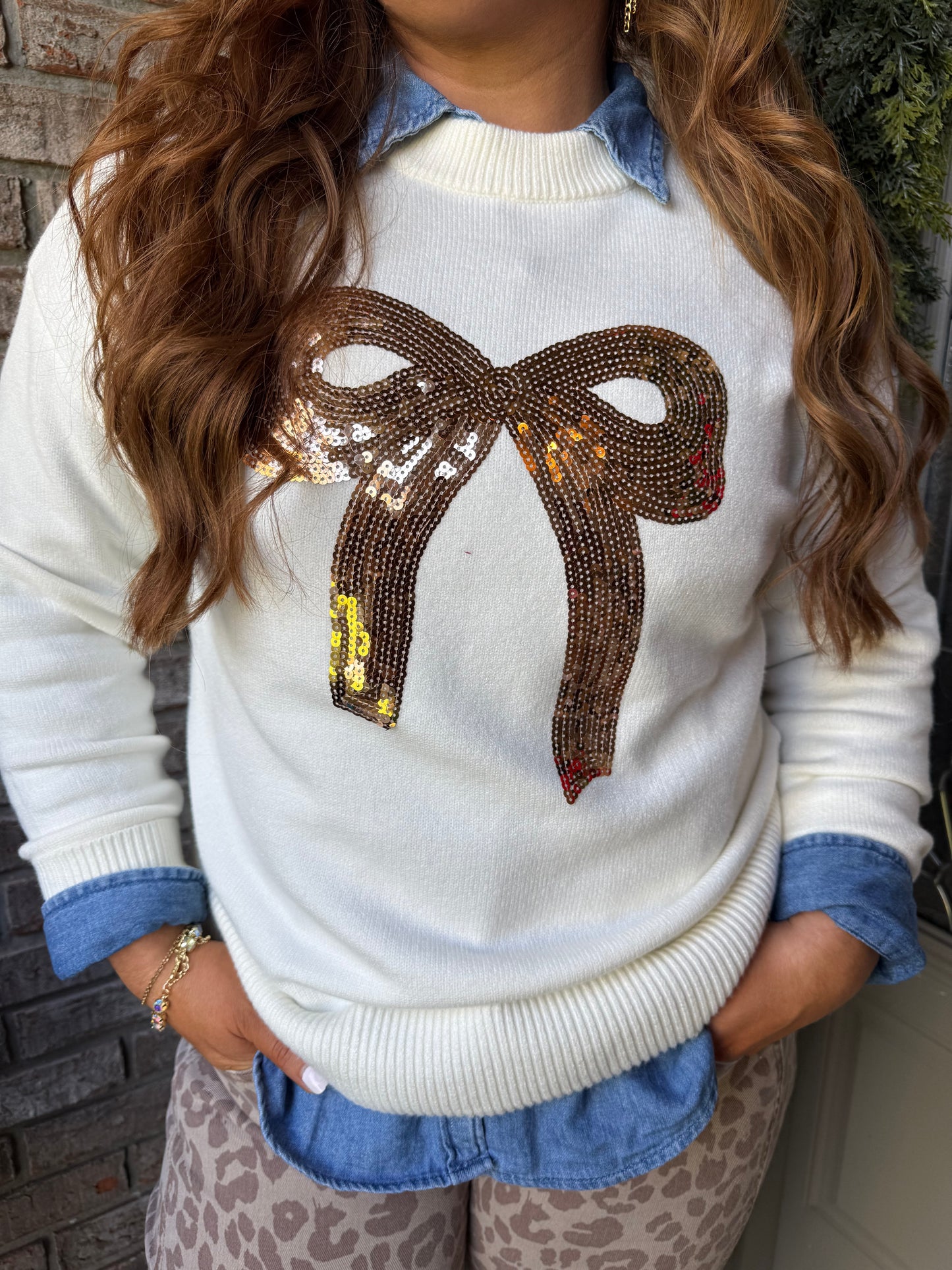 White Sequined Bow Graphic Christmas Holiday Sweater
