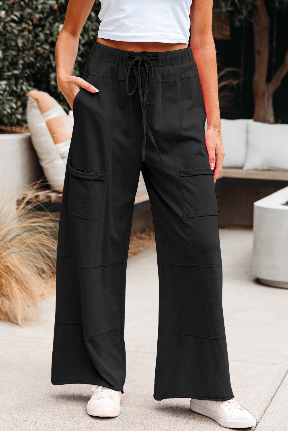 Black Exposed Seam Drawstring Elastic Waistband Wide Leg Cargo Pants - PREORDER