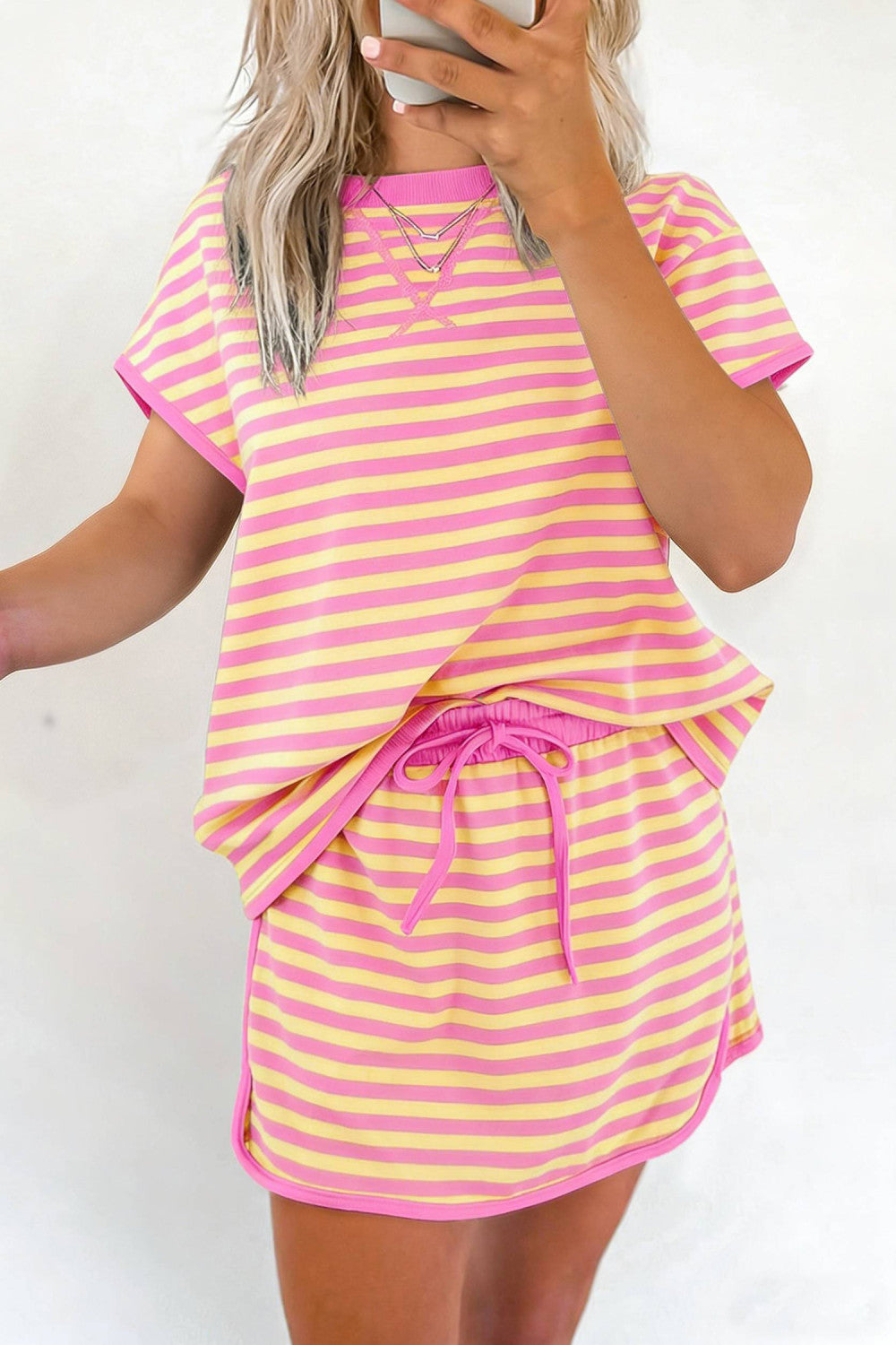 Pink Stripe Short Sleeve Top and Skirt Set - PREORDER