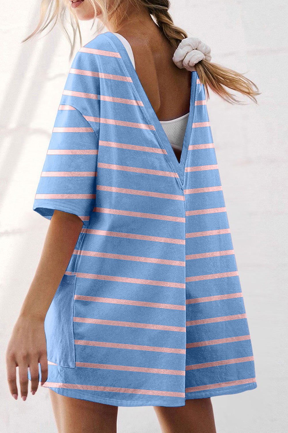 Sky Blue Stripe V Neck Short Sleeve Double Wear Loose Romper - PREORDER