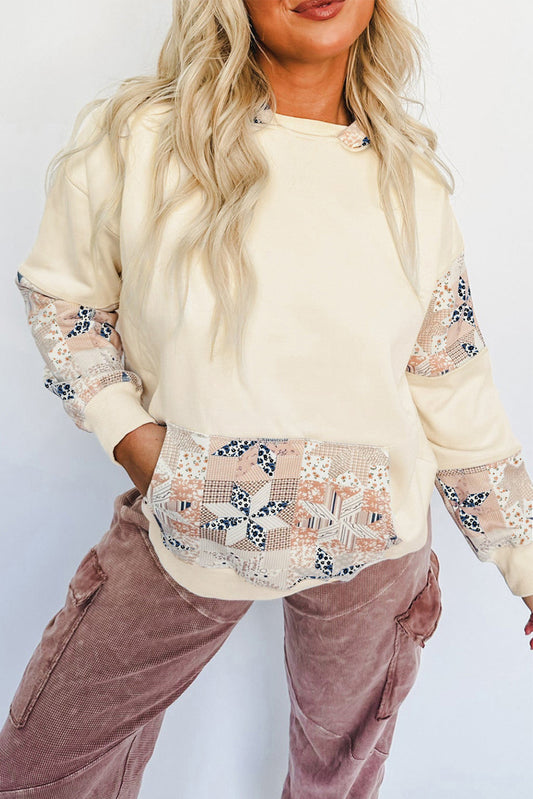 Beige Geo Pattern Patchwork Hoodie with Kangaroo Pocket - PREORDER