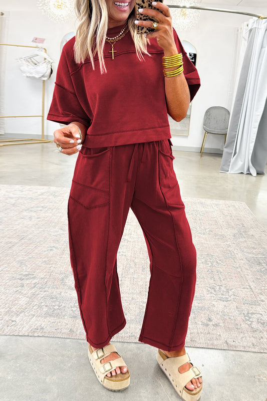 Racing Red Drop Shoulder Boxy Tee and Barrel Pants Set - PREORDER