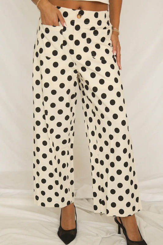 White Polka Dot Print Square Patch Pocket Loose Pants - PREORDER