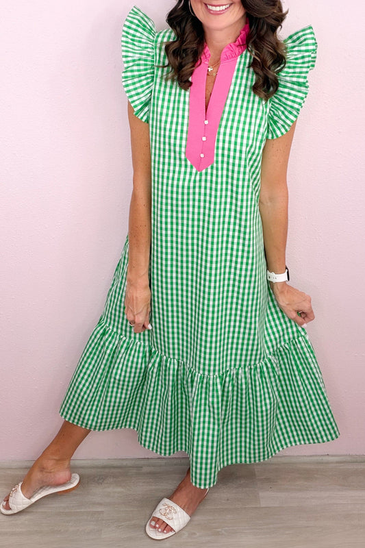 Bright Green Summer Color-Blocked Plaid Pattern Midi Dress - PREORDER