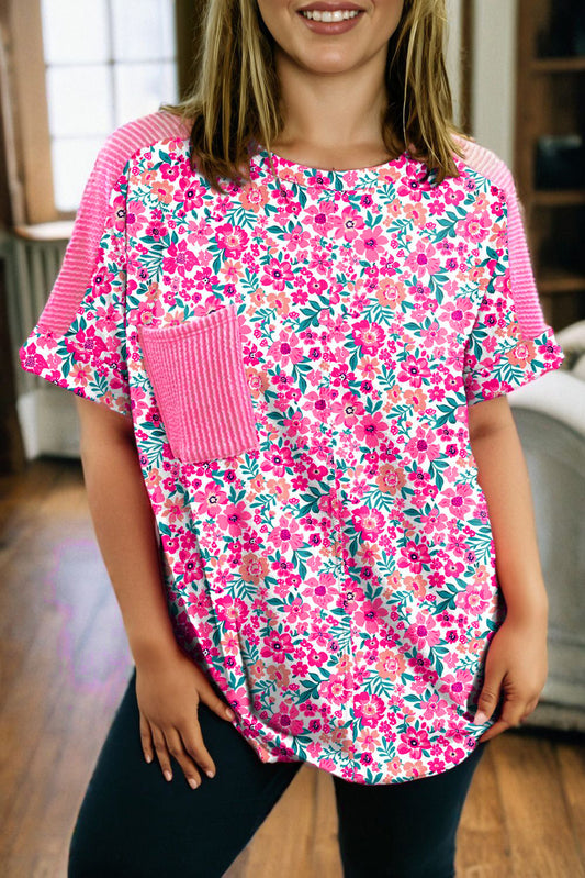 Pink Plus Size Floral Print Corded Patchwork Loose Top - PREORDER