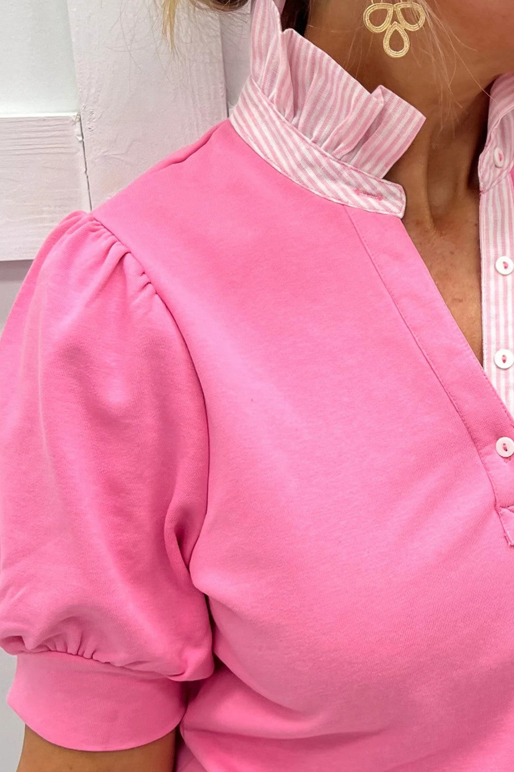 Pink Striped Frilled Collar Short Sleeve Blouse - PREORDER