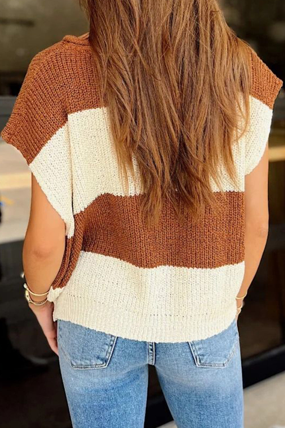 Brown Stripe Striped Colorblock Knit V Neck Short Sleeve Loose Sweater - PREORDER