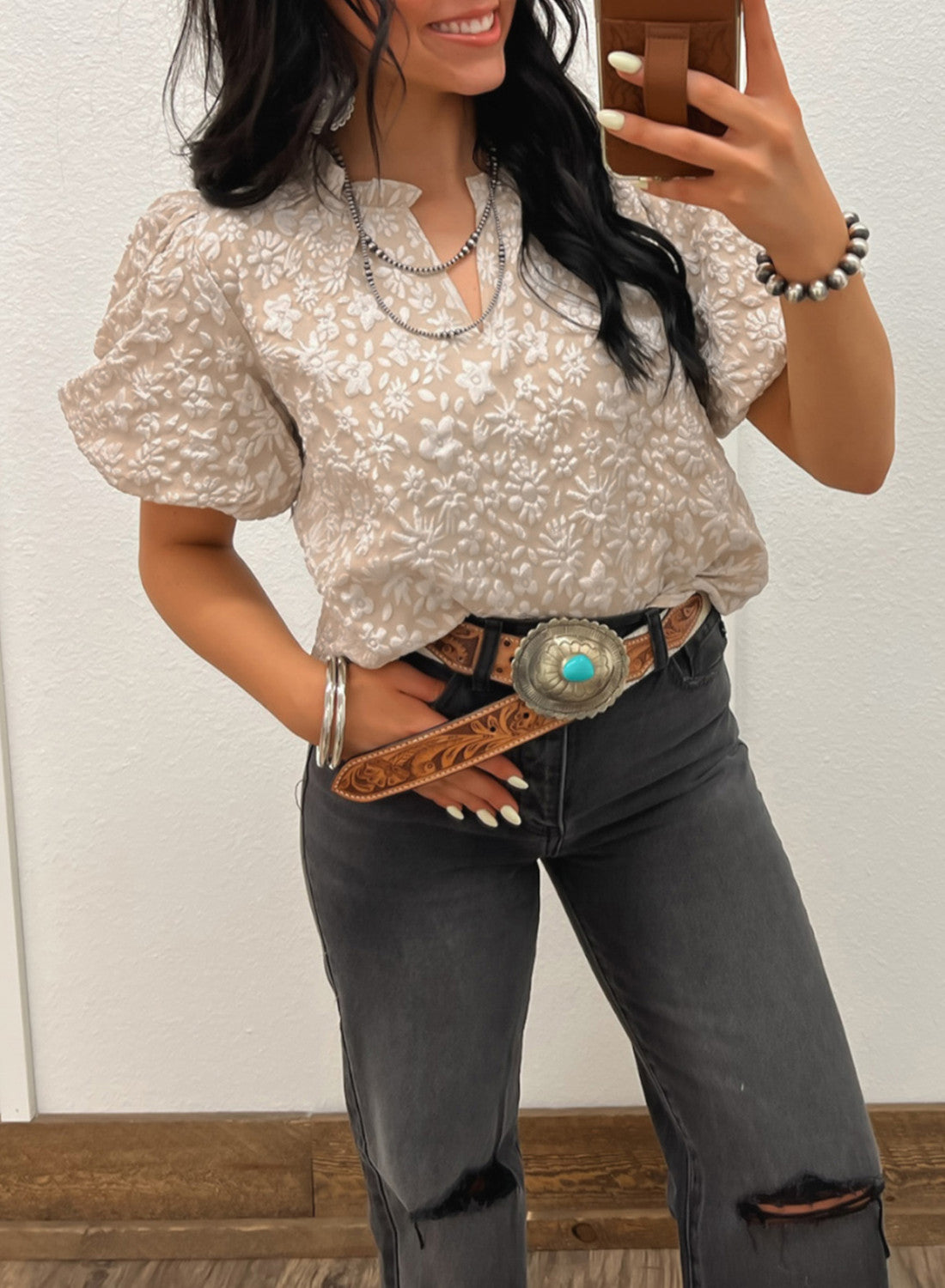 Beige Floral Textured Jacquard Puff Sleeve Blouse - PREORDER