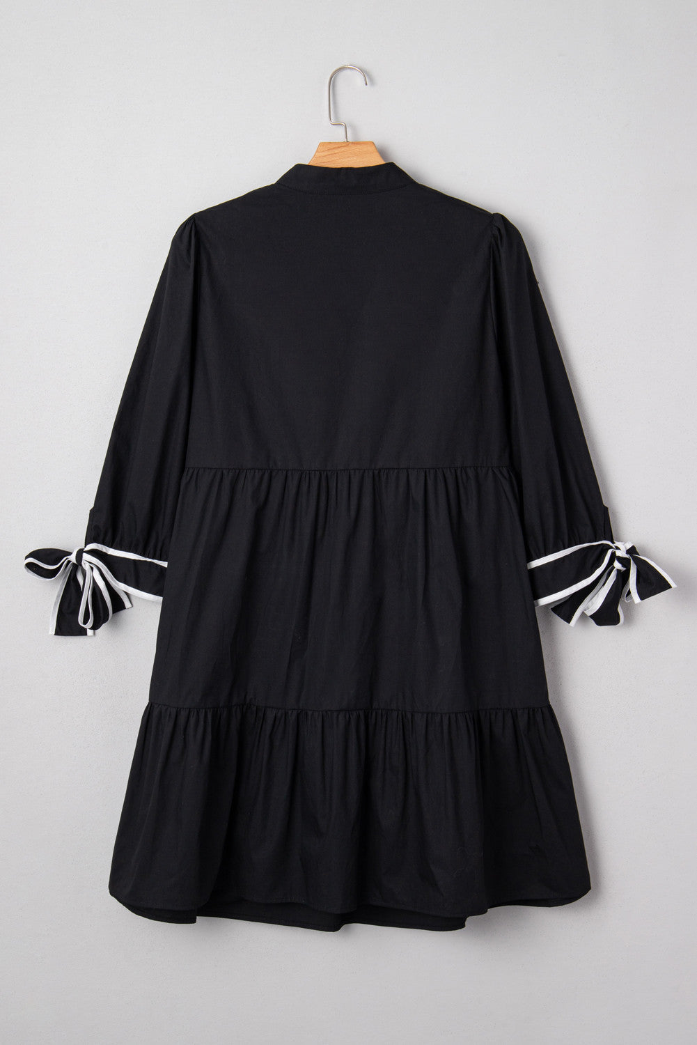Black Contrast Trim Knot Cuffs Plus Size V Neck Mini Dress - PREORDER