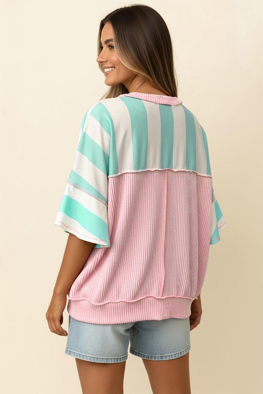 Green Stripe Exposed Seam Ribbed Patchwork Oversized Tee - PREORDER