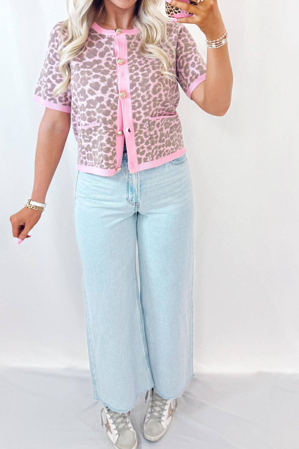 Pink Leopard Button Down Short Sleeve Sweater Cardigan - PREORDER