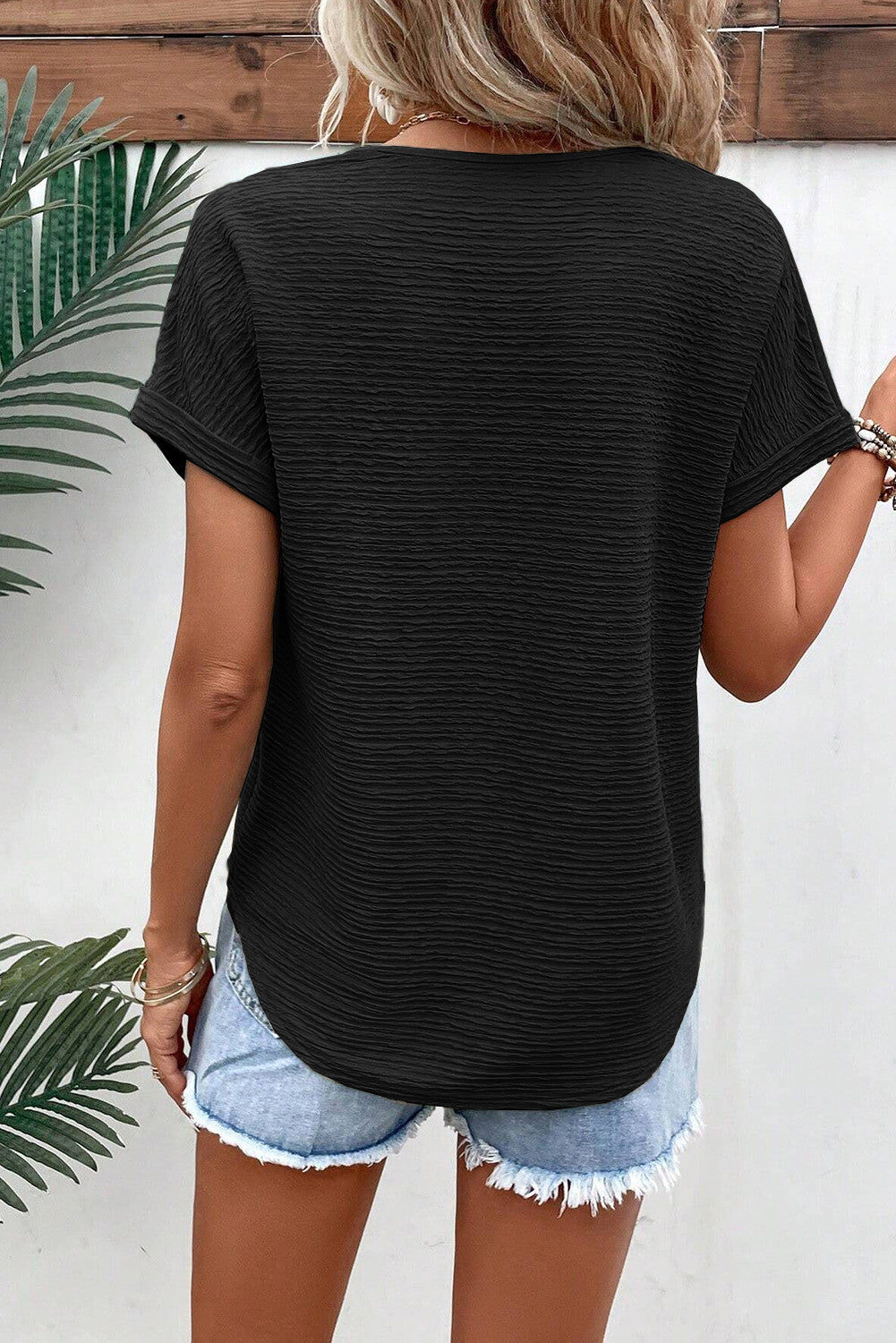 Black Textured Wide Sleeve V Neck T Shirt - PREORDER