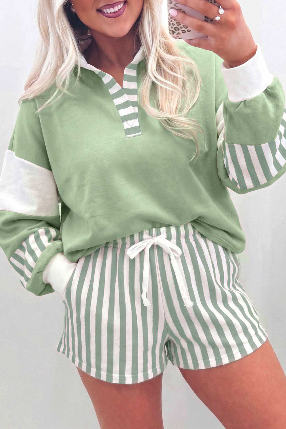Smoke Green Striped Color Block Pullover Top Drawstring Shorts Set - PREORDER