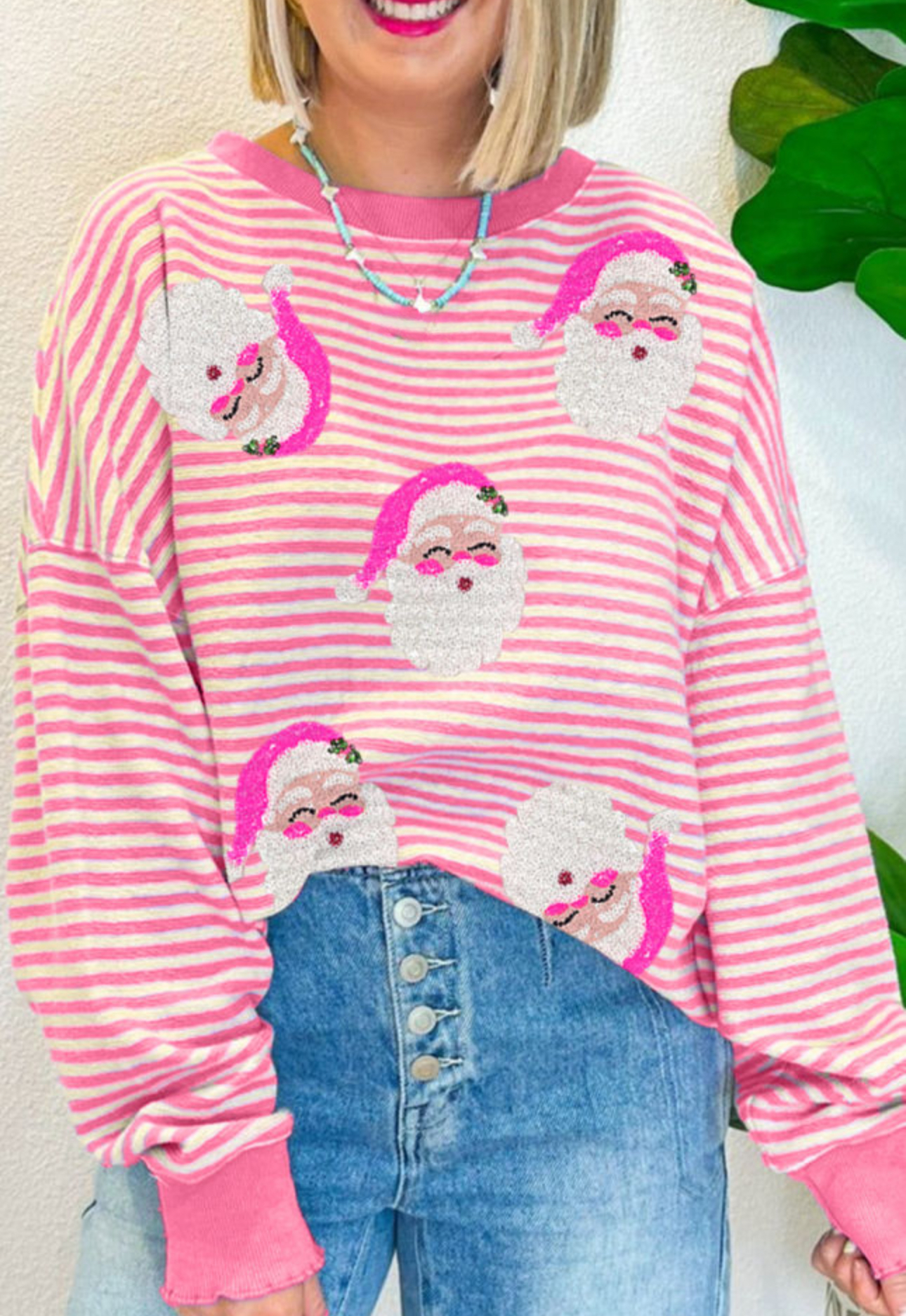 Pink Stripe Santa Clause Print Long Sleeve Oversized Top