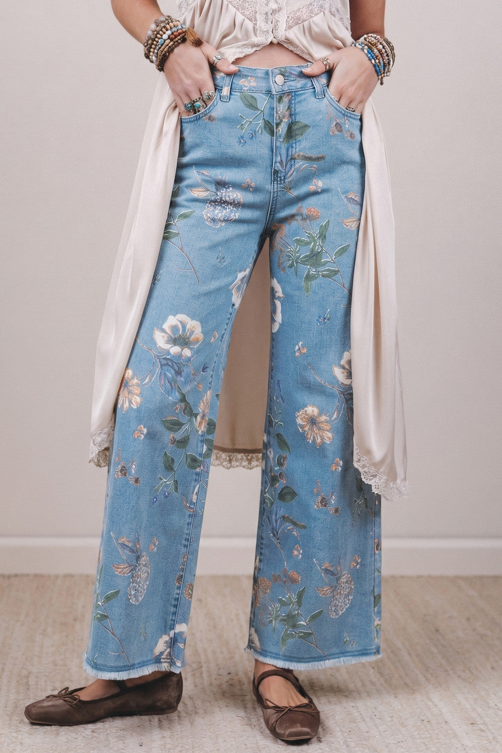 Sky Blue Retro Floral Print Frayed Hem Shift Jeans - PREORDER