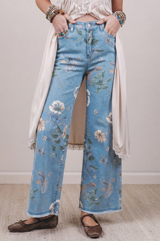 Sky Blue Retro Floral Print Frayed Hem Shift Jeans - PREORDER