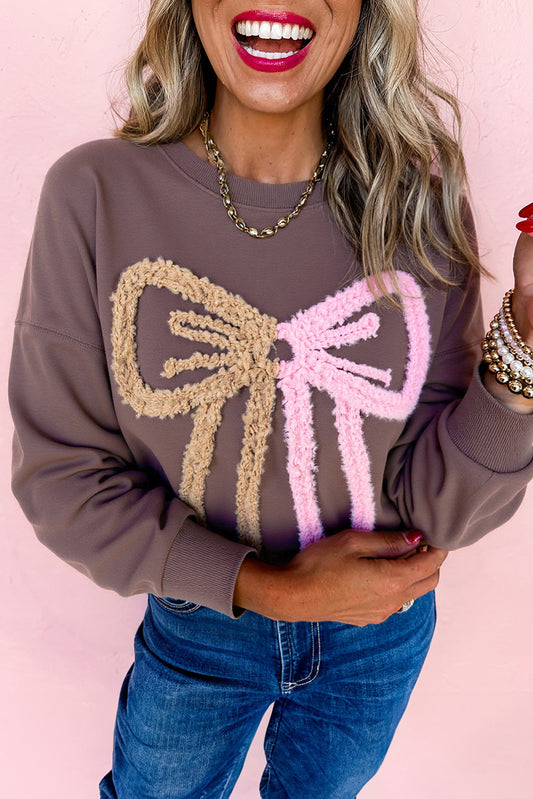 Brown Contrast Terry Bow Pattern Drop Shoulder Sweatshirt