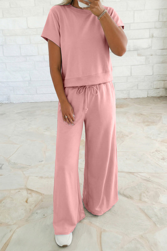 Light Pink Solid Color Loose Tee Drawstring Wide Leg Pants 2pcs Outfit - PREORDER