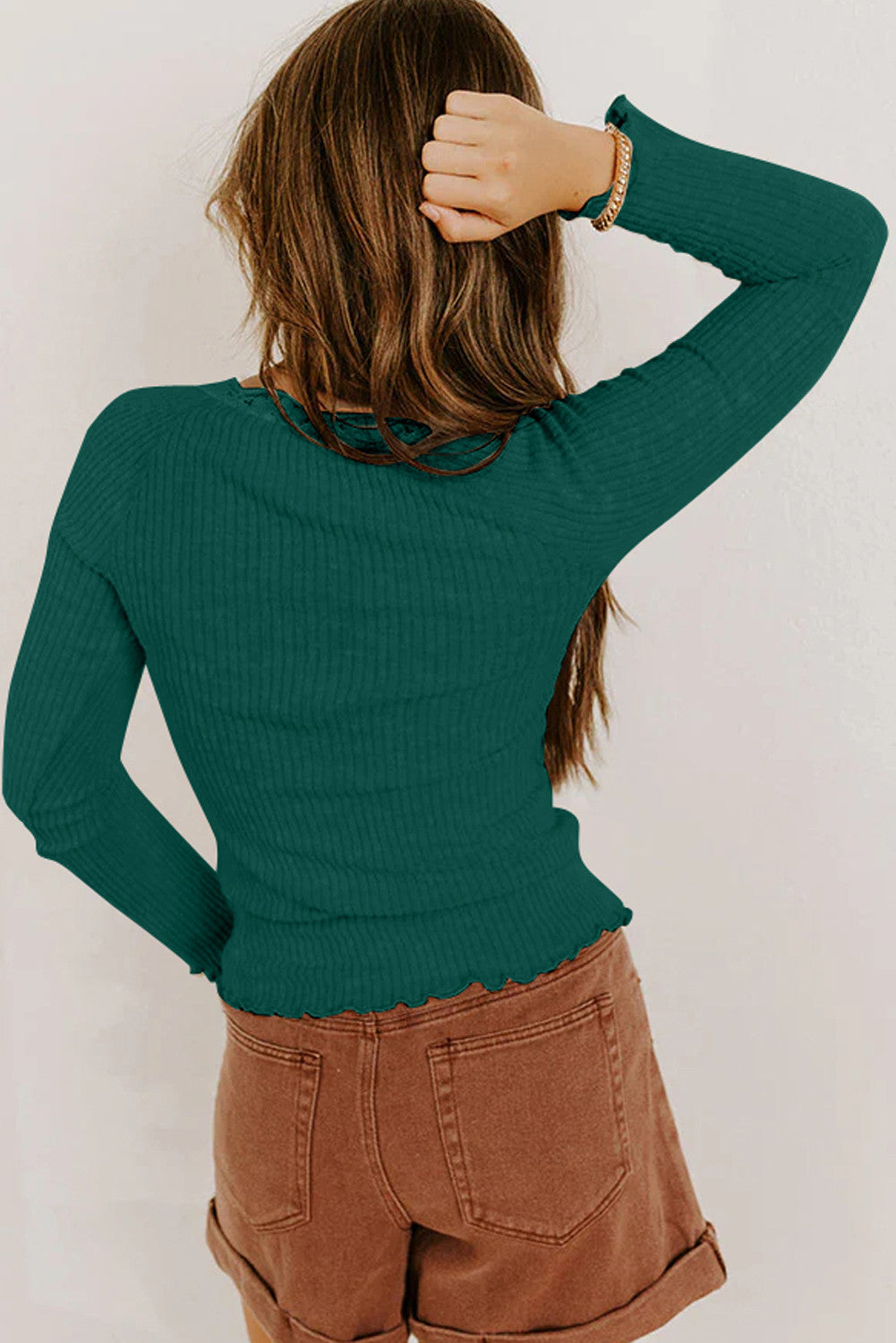 Green Lace Neckline Button Decor Lettuce Edge Long Sleeve Ribbed Top - PREORDER
