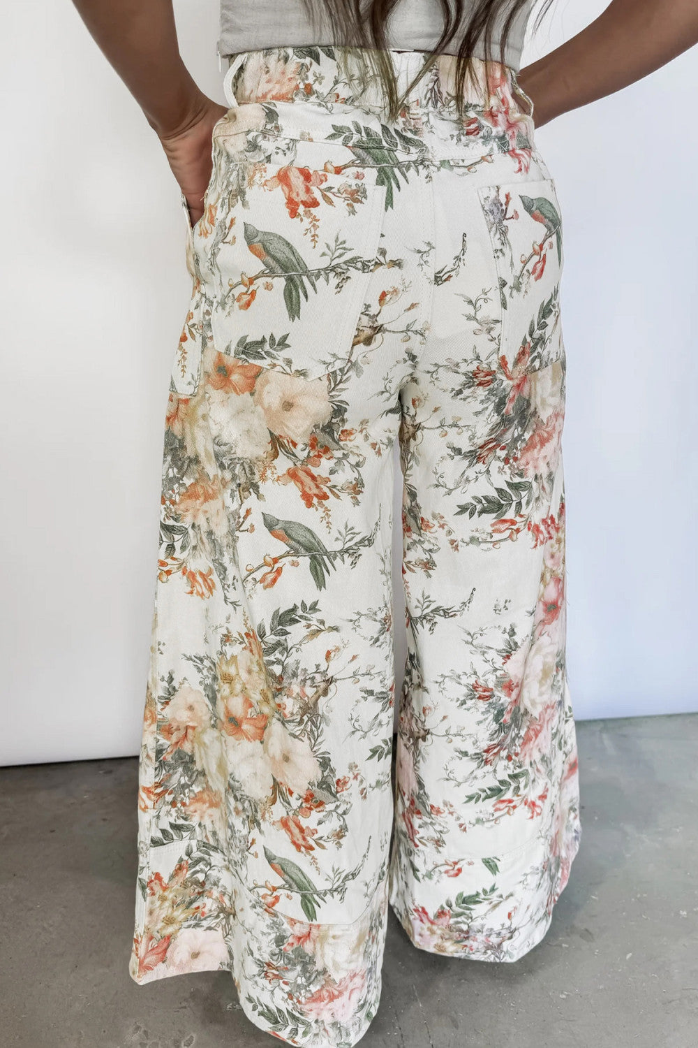 Beige Vintage Style Floral Print High Waist Wide Leg Jeans - PREORDER