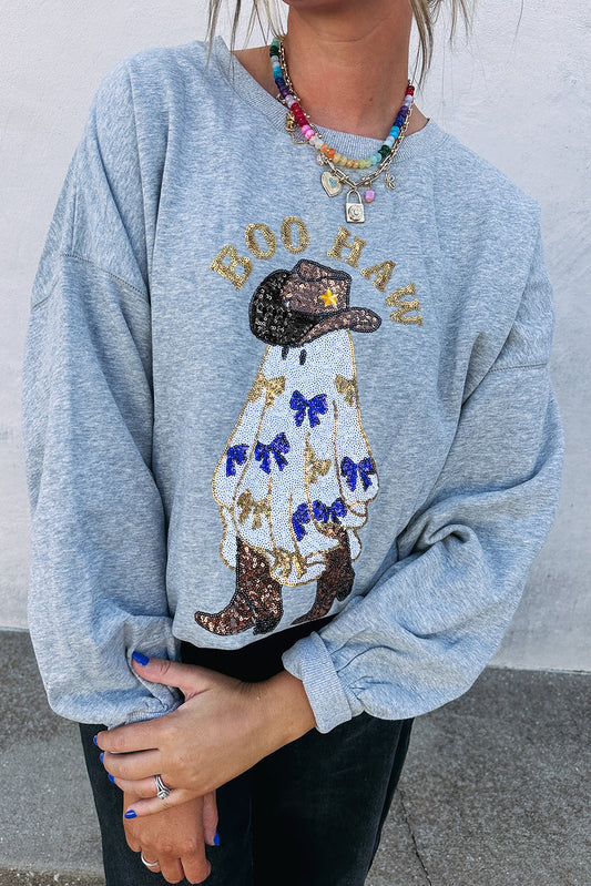 Gray BOO HAW Sequin Halloween Ghost Cowboy Sweatshirt - PREORDER