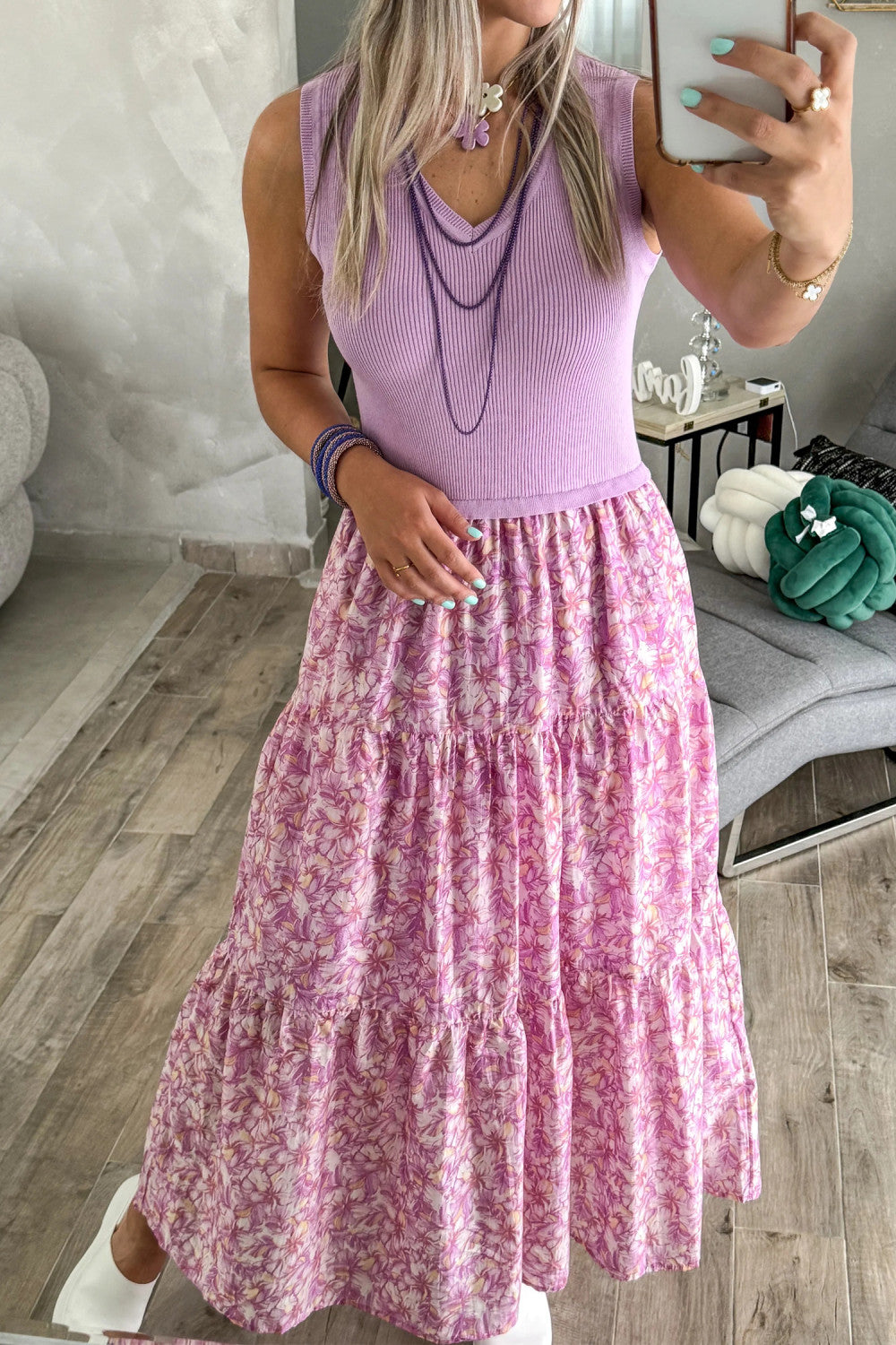 Purple V Neck Ribbed Bodice Floral Contrast Tiered Dress - PREORDER