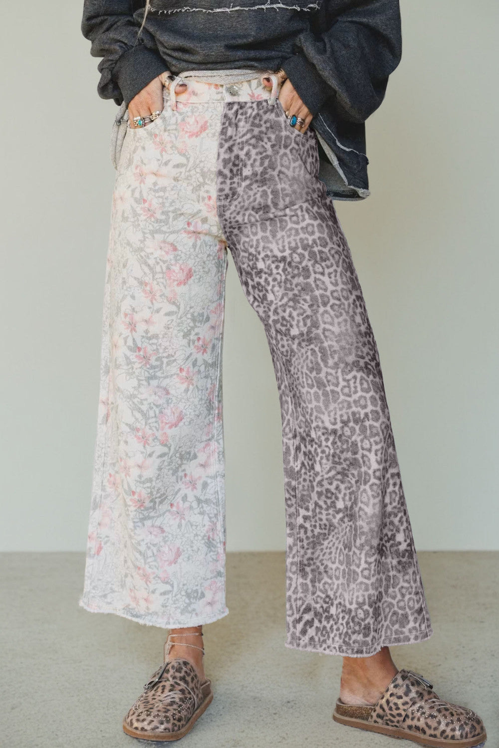 Multicolour Retro Floral Leopard Contrast Patchwork Raw Hem Jeans - PREORDER
