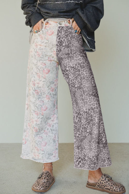 Multicolour Retro Floral Leopard Contrast Patchwork Raw Hem Jeans - PREORDER