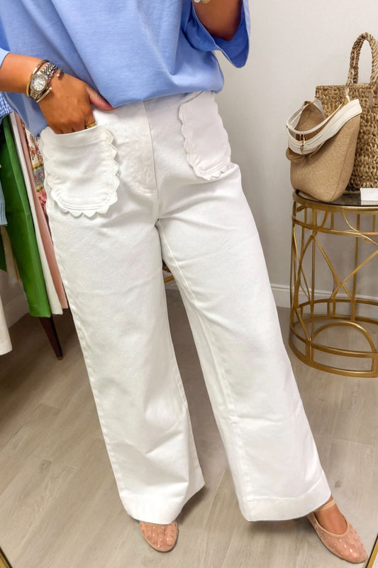 White Solid Color Scalloped Patch Pocket Shift Jeans - PREORDER