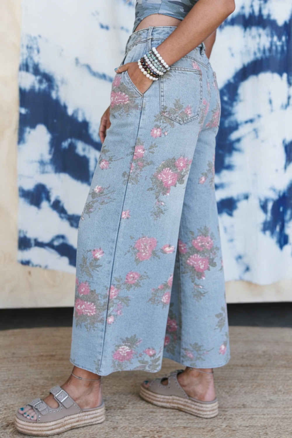 Sky Blue Garden Floral Print Bootcut Jeans - PREORDER