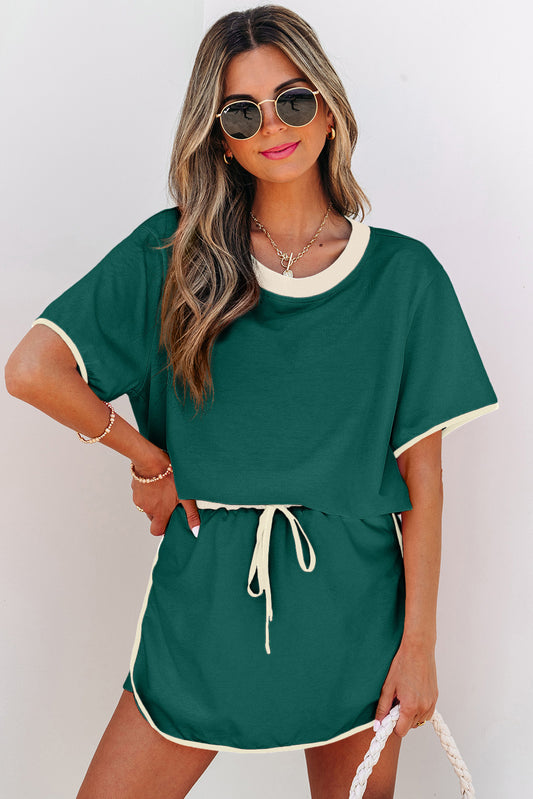 Evergreen Colorblock Edge Drop Shoulder T Shirt and Skort 2Pcs Set - PREORDER