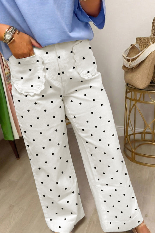 White Polka Dot Print Scalloped Patch Pocket Cotton Shift Pants - PREORDER