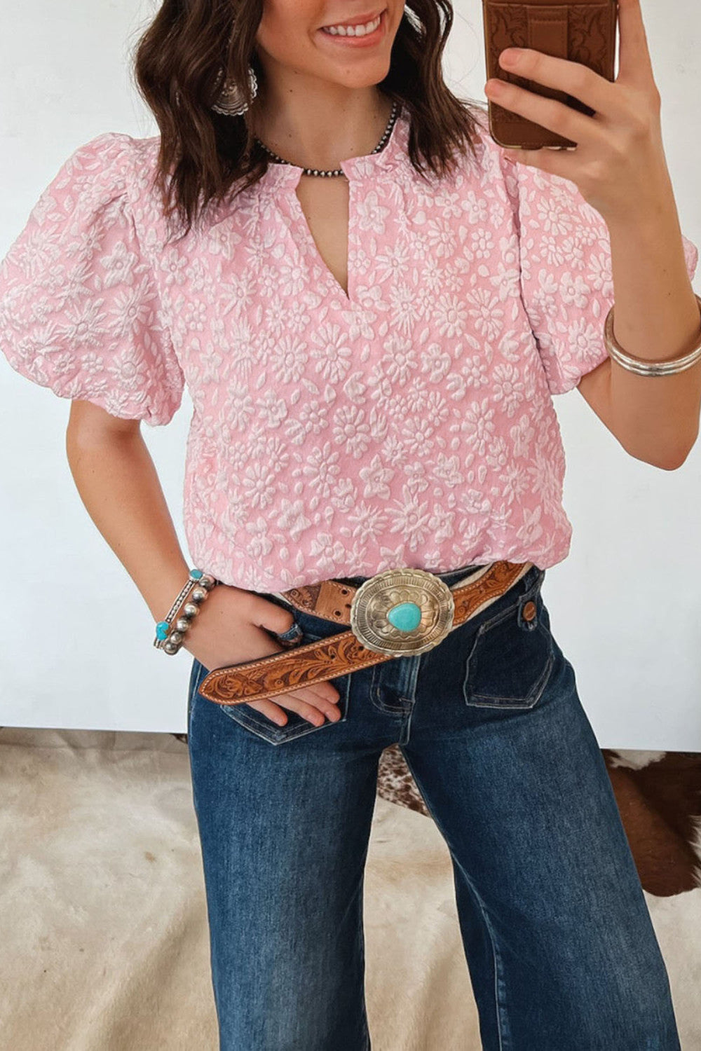 Pink Floral Textured Jacquard Puff Sleeve Blouse - PREORER