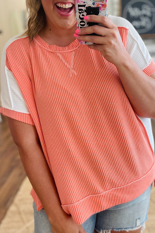 Carrot Twist Rib Colorblock Hi Low Plus Size Short Sleeve Top - PREORDER