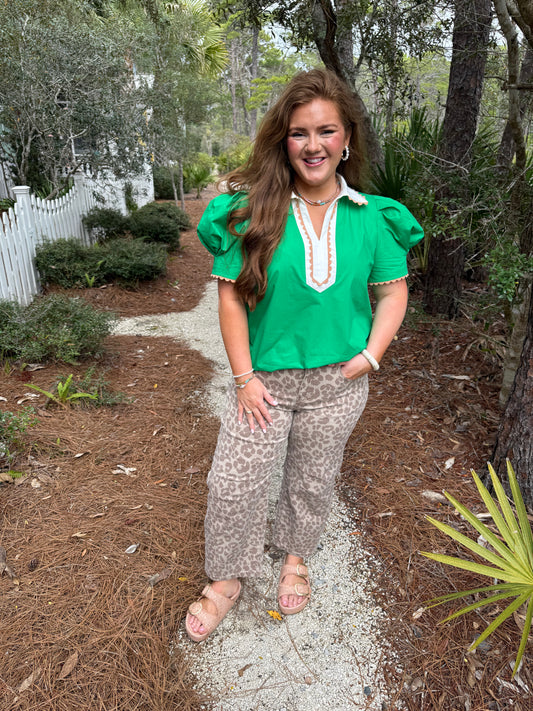 Bright Green Ricrac Trim Color Block Patchwork Shirt Collar Short Sleeve Blouse - PREORDER