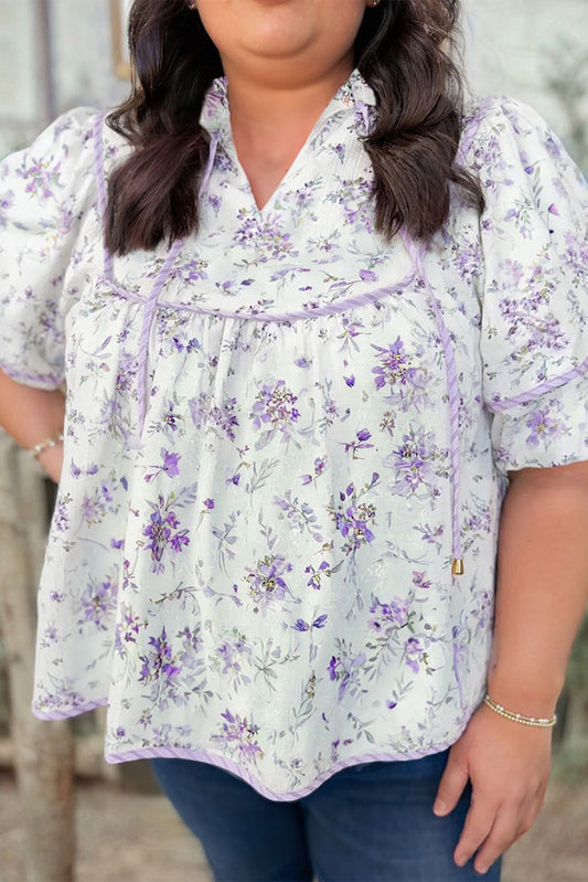 Purple Floral Trimmed Detail Split Neck Plus Size Top - PREORDER