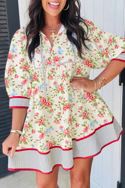 Apricot Striped Edge 3/4 Puff Sleeve Floral Dress - PREORDER