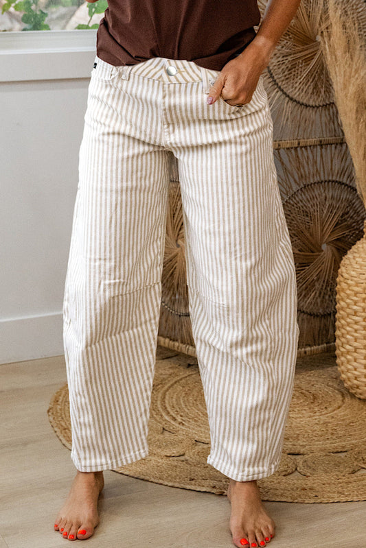Khaki Stripe Casual Barrel Jeans - PREORDER