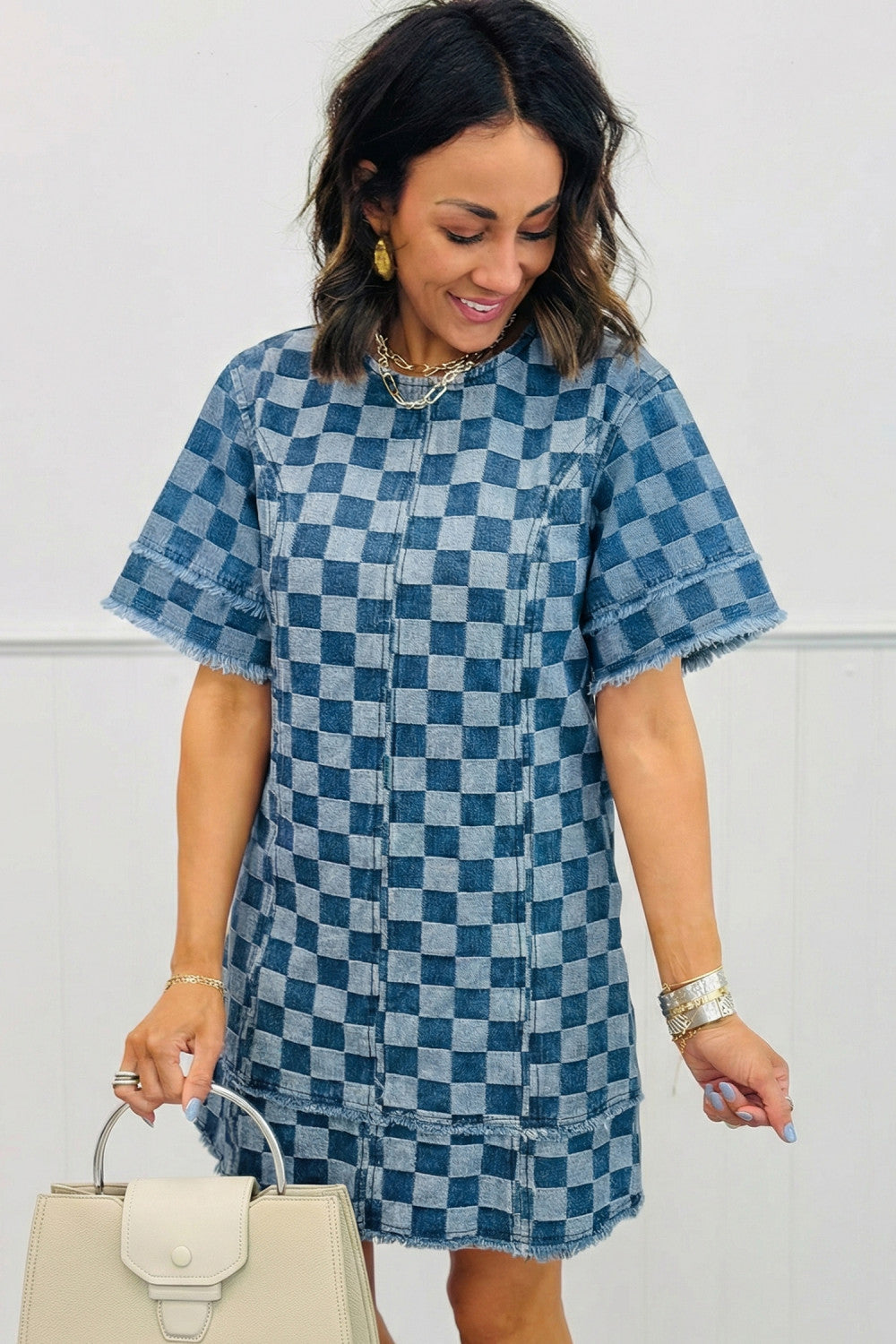 Sky Blue Frayed Hem Checkered Denim Mini Dress - PREORDER