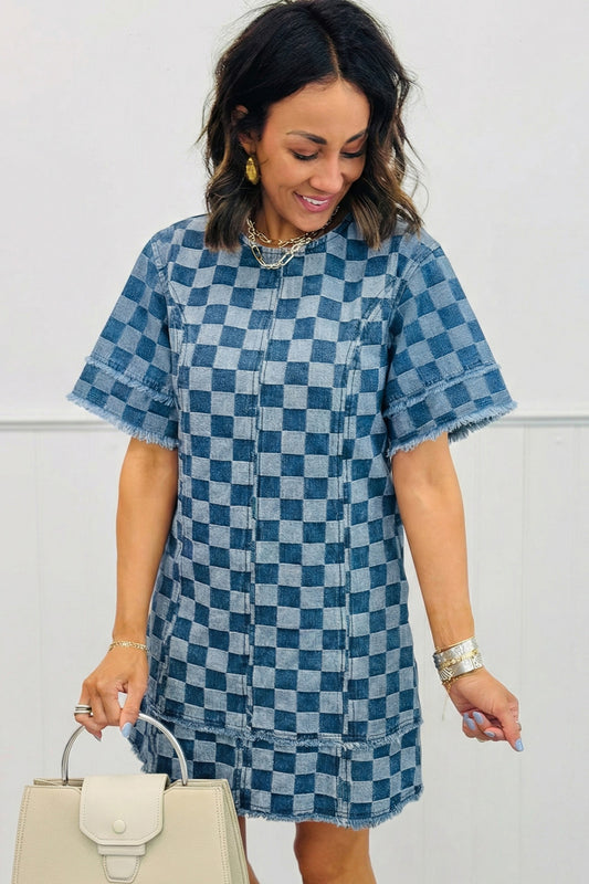 Sky Blue Frayed Hem Checkered Denim Mini Dress - PREORDER