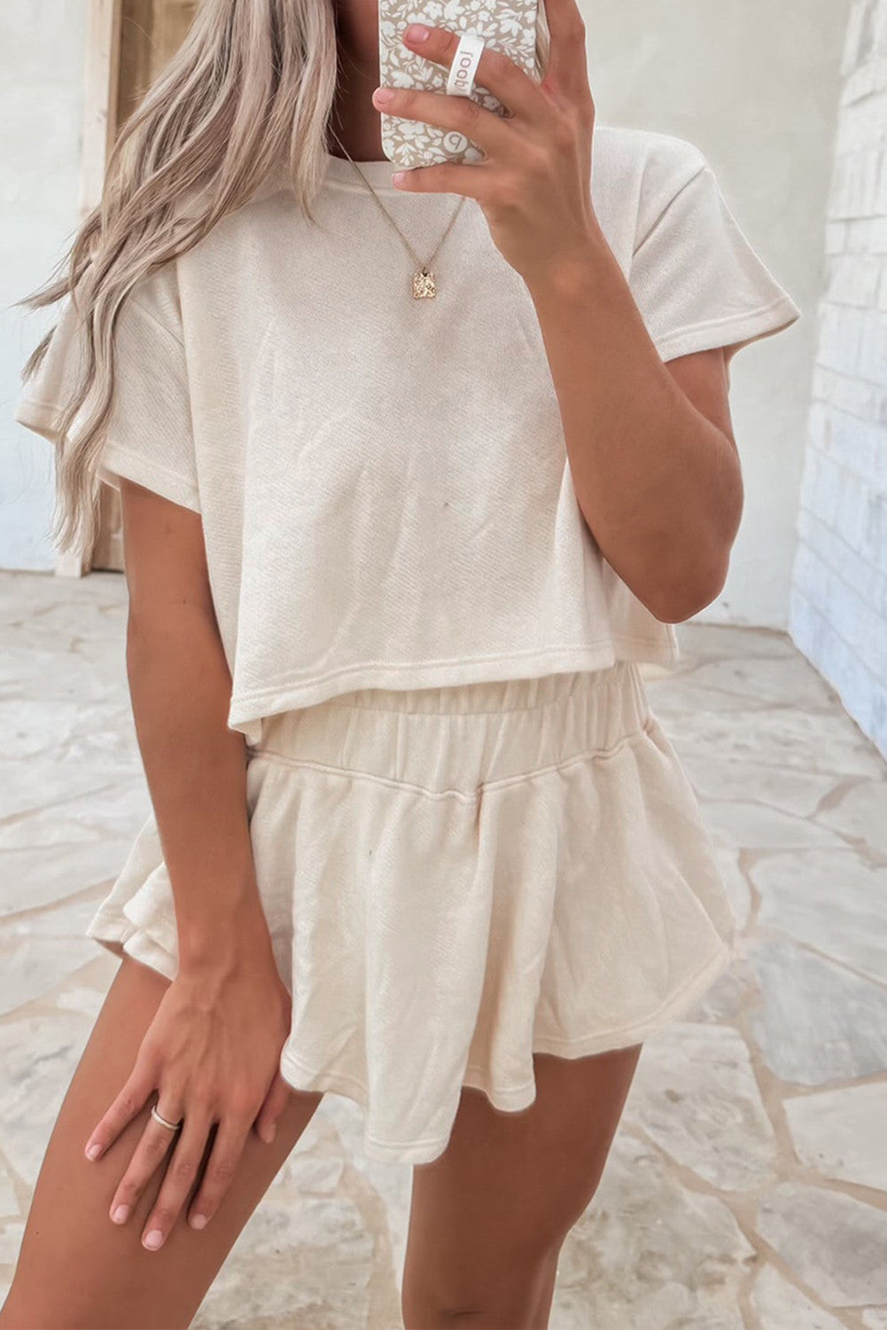 Beige 2pcs Cropped Tee and Ruffle High Waist Skort Set - PREORDER