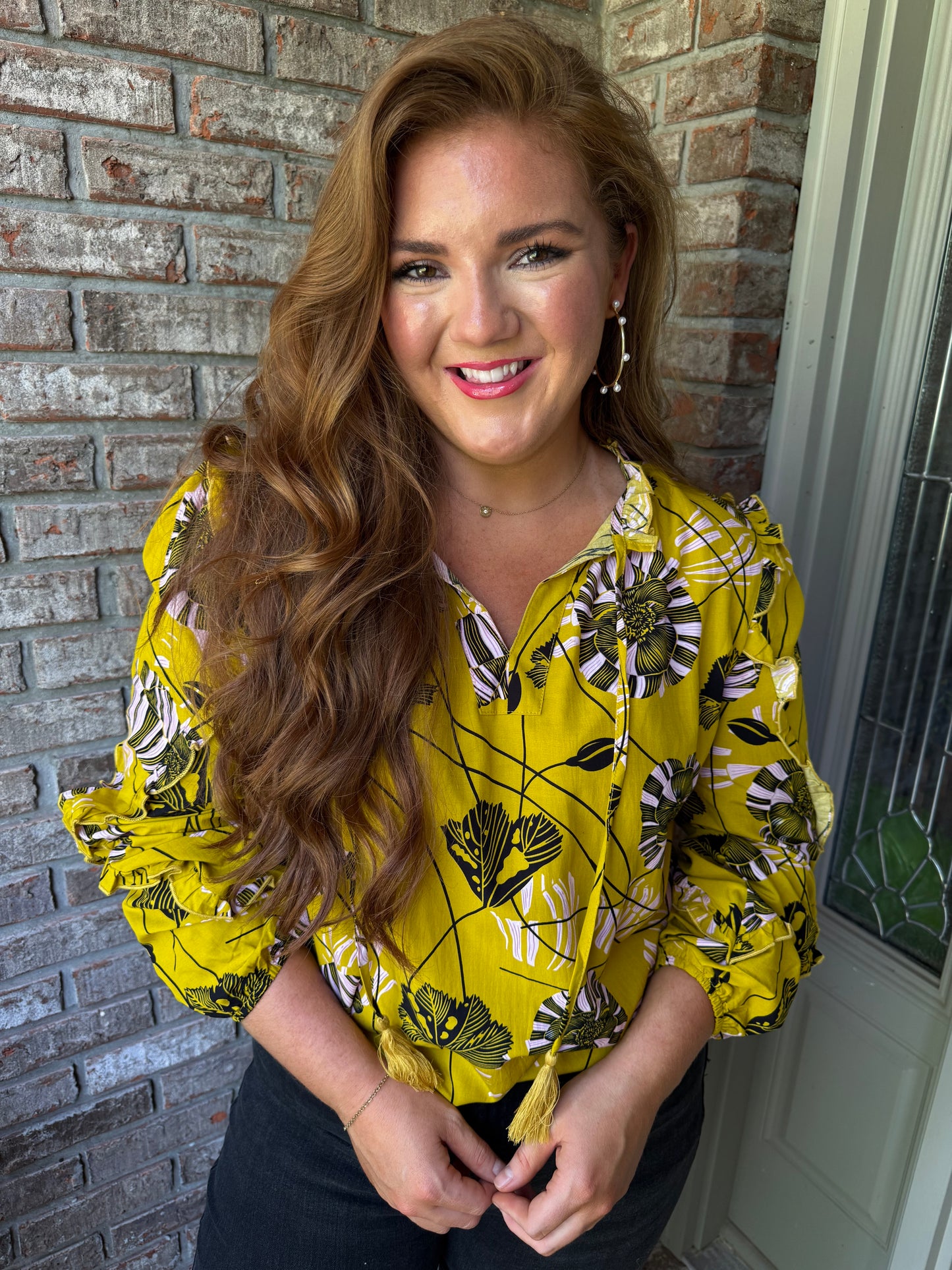 Vintage Floral V Neck Ruffle Trim Long Sleeve Blouse