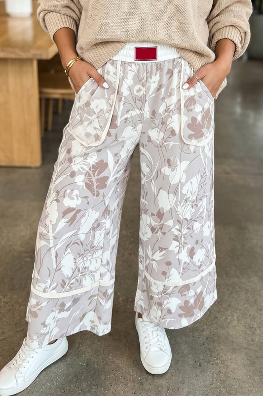 Gray Floral Print Wide Leg Ankle-Length Elastic Waistband Pants - PREORDER