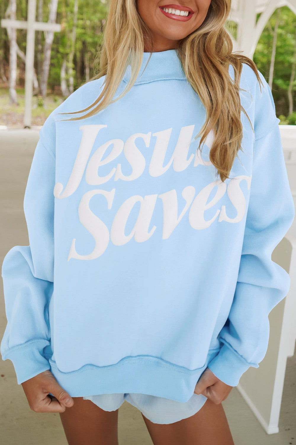 Mist Blue Jesus Saves Slogan Print Stand Neck Baggy Sweatshirt - PREORDER