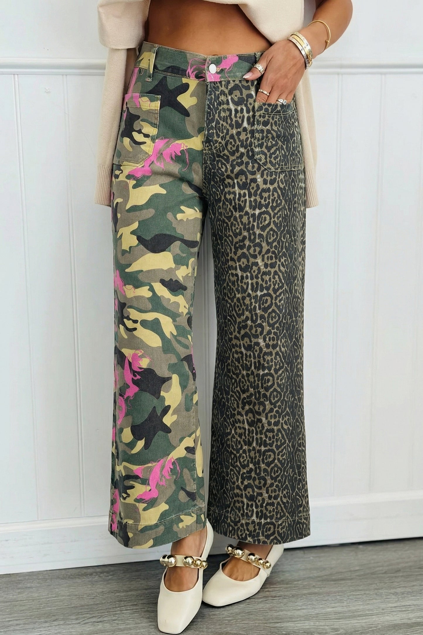 Multicolour Abstract Camouflage Print Contrast Leopard Patchwork Straight Leg Jeans - PREORDER